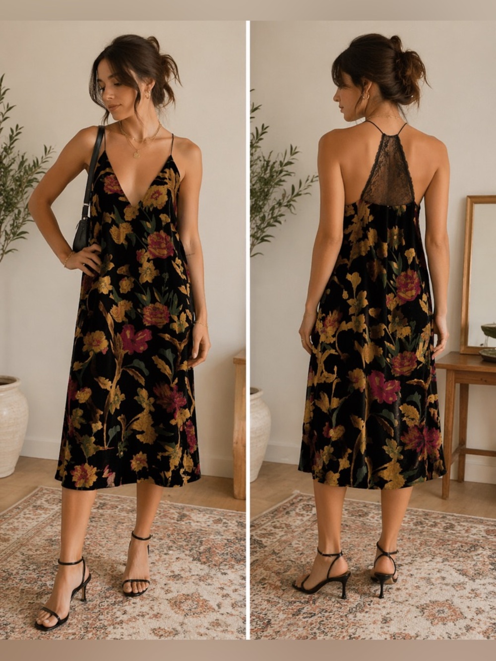 ASTR Velvet Burnout Floral Slip Dress Size Large Romantic Goth Midi Dress